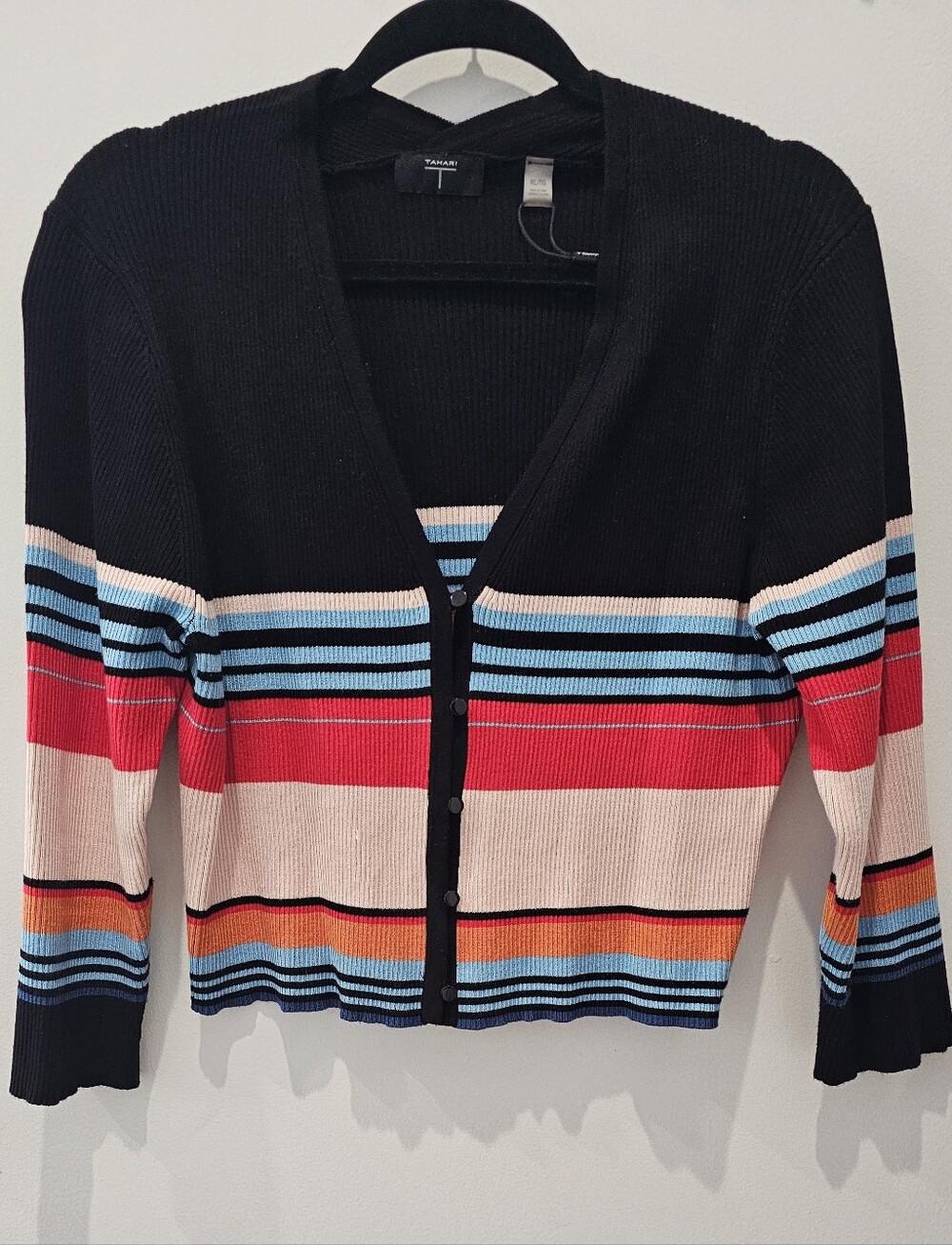 Tahari Black Cardigan with Pink, Red, Blue and Orange Stripes